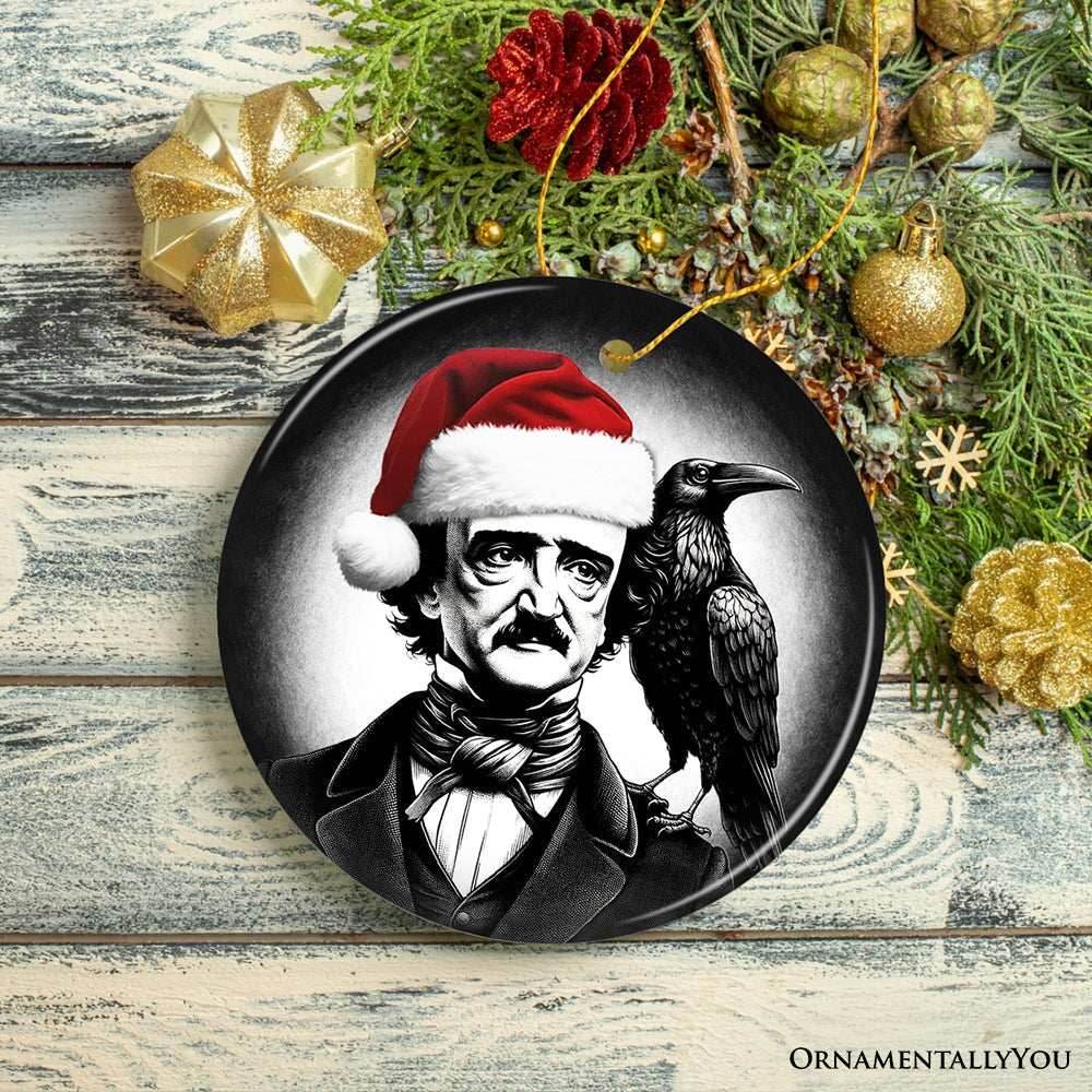 Gothic Edgar Allan Poe with Santa Hat And Raven Ornament, Spooky Halloween Tree Christmas Decor - Circle