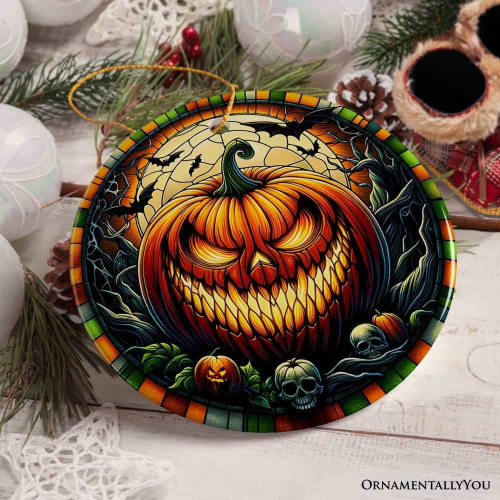 Grim Grinning Gourd Pumpkin Decor Stained Glass Style Ceramic Ornament, Halloween Themed Christmas Gift - Circle