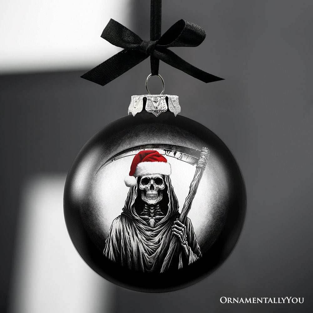 Grim Reaper Christmas Spooky Portrait Glass Ornament, Black Horror Halloween Tree Decoration - 