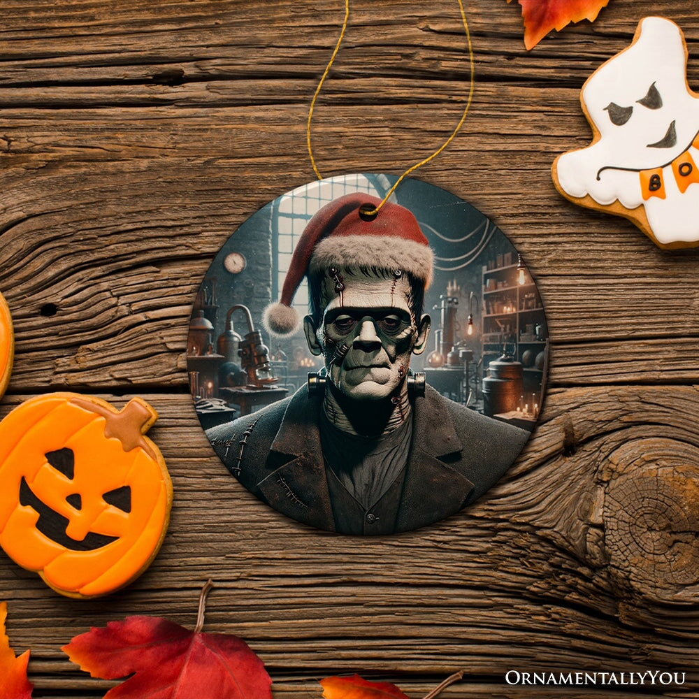 Grotesque Frankenstein with Santa Hat Ornament, Spooky Holiday Gift for Horror Fans