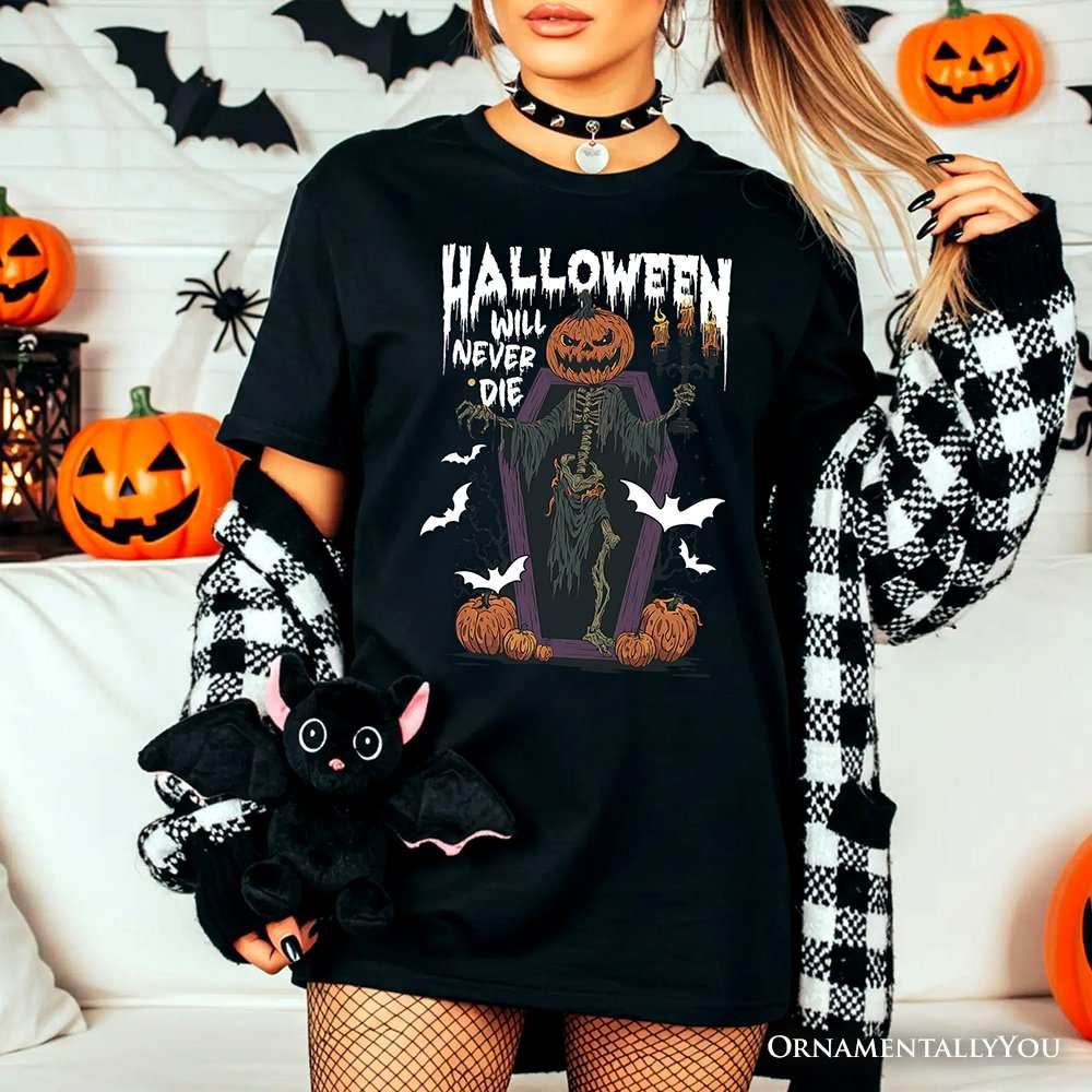 Halloween Will Never Die T-Shirt, Vintage Pumpkin Coffin Skeleton Tee - White / XS
