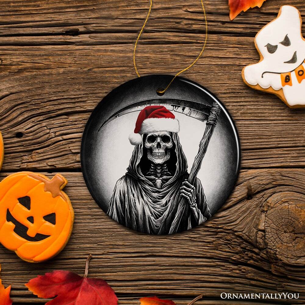 Haunting Santa Grim Reaper Ornament, Spooky Christmas Decor for Unique Halloween Tree Gift - Circle