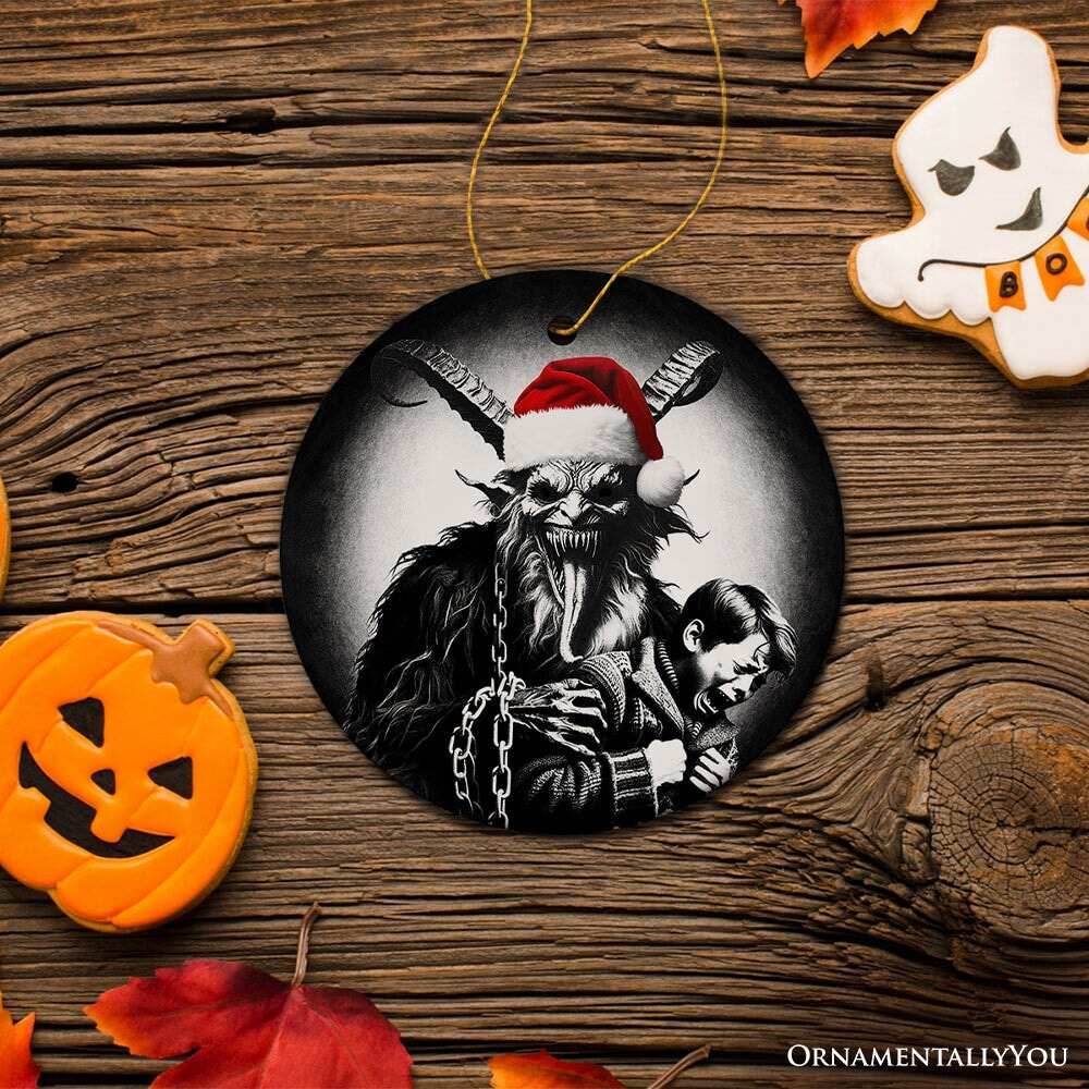Horrifying Krampus With Santa Hat Ceramic Ornament, Keepsake For Unique Halloween Tree Christmas Decor - Circle