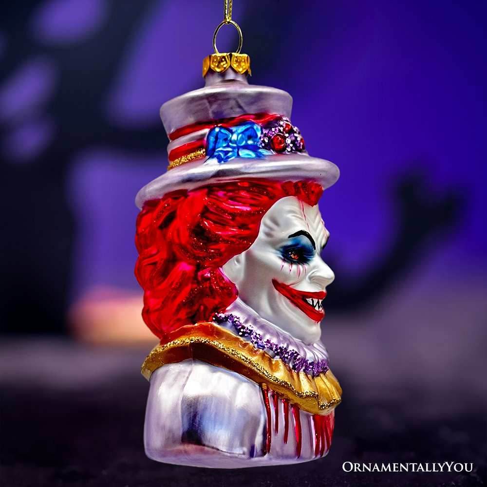 Horror Clown Head Glass Ornament, Gothic Halloween Tree Decor - 