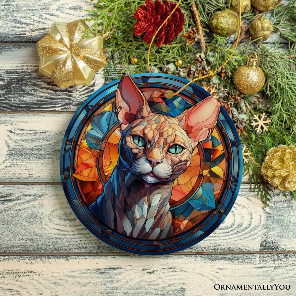 Mystical Feline Bewitching Cat Stained Glass Style Ceramic Ornament, Halloween Themed Christmas Gift and Decor - Circle