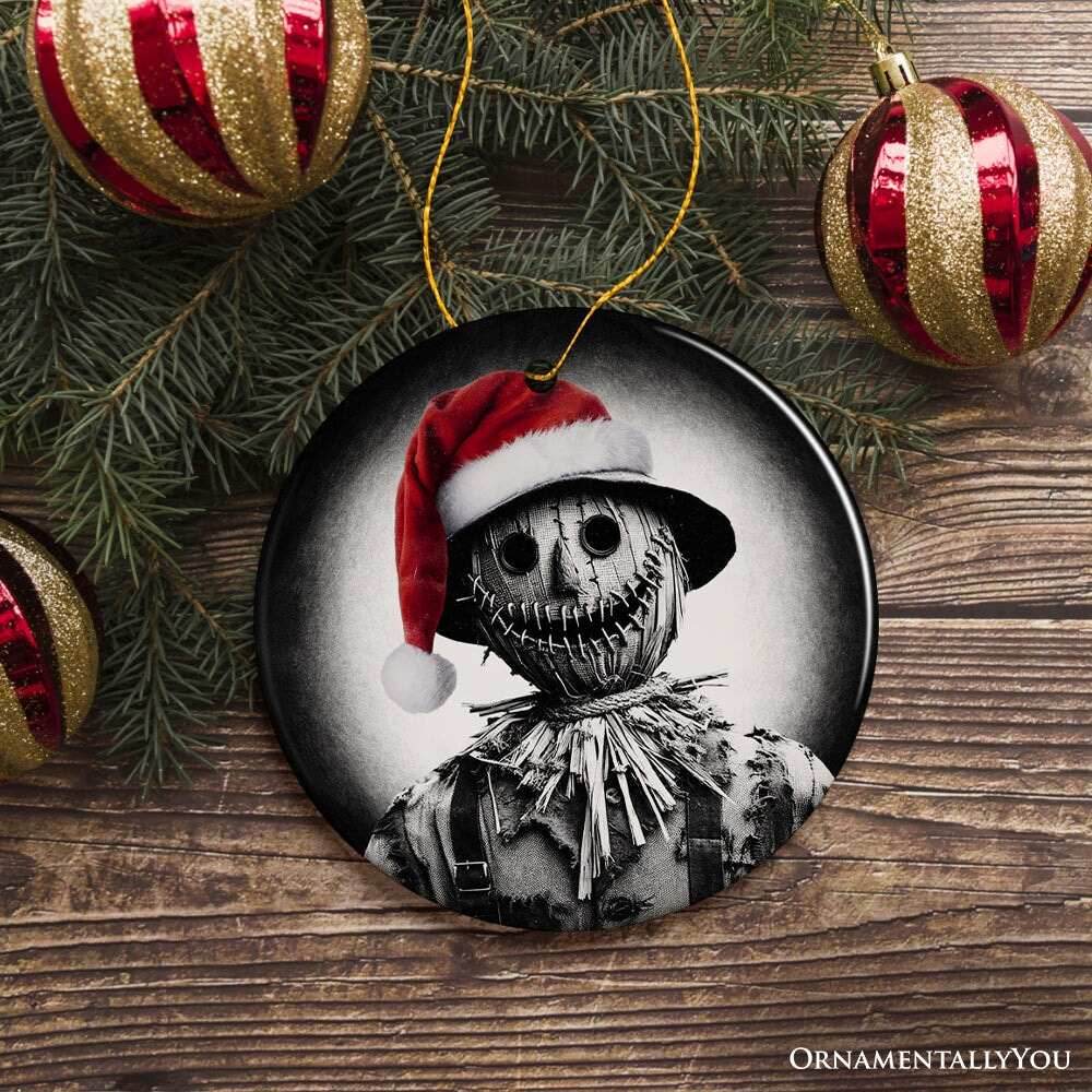 Nightmarish Scarecrow with Santa Hat Ornament, Gift For Unique Halloween Tree Christmas Decor - Circle