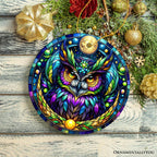 Nocturnal Enchanter Mysterious Owl Stained Glass Style Ceramic Ornament, Halloween Themed Christmas Gift and Decor - Circle