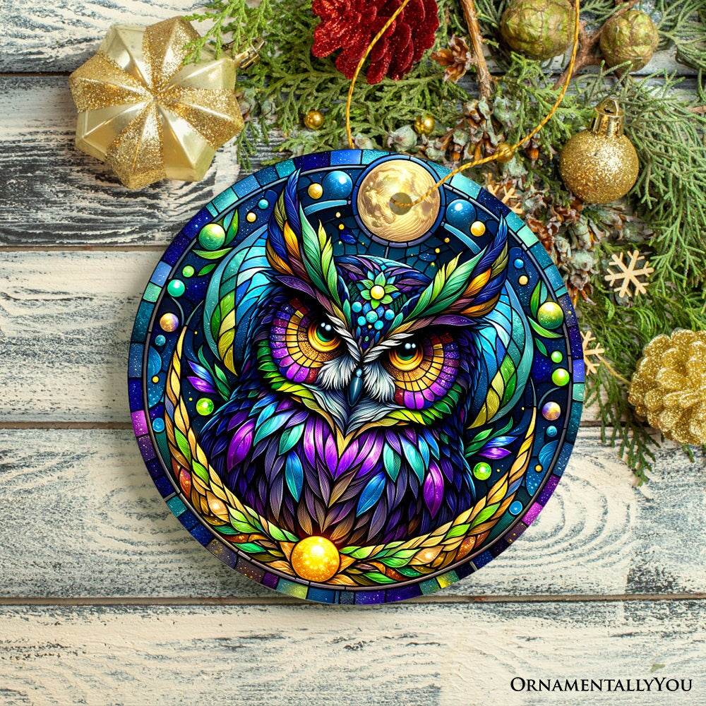 Nocturnal Enchanter Mysterious Owl Stained Glass Style Ceramic Ornament, Halloween Themed Christmas Gift and Decor - Circle