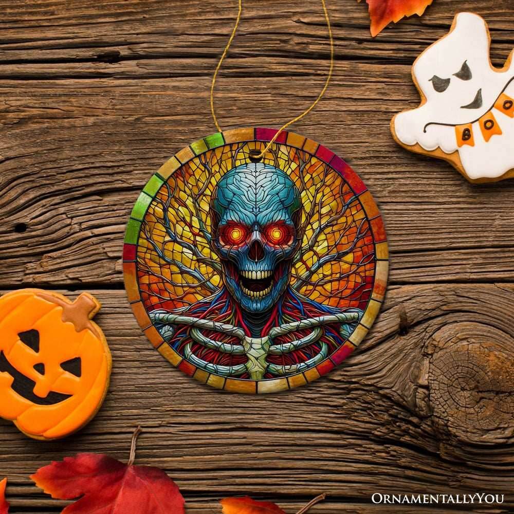 Red-Eyed Skeleton for Halloween Frights Stained Glass Style Ceramic Ornament, Halloween Themed Christmas Gift - Circle