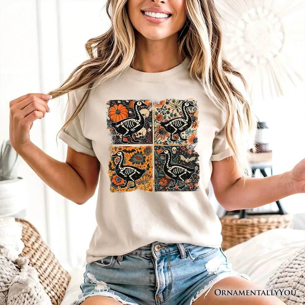 Skeleton Goose Patchwork T-Shirt, Floral Halloween Tee for The Spooky Season - Black / XS