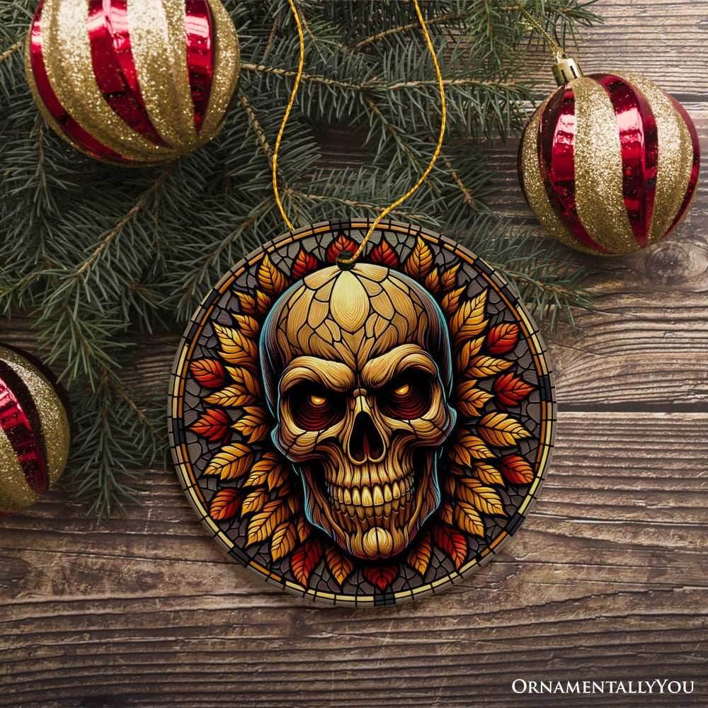 Spine-Chilling Haunting Skull Stained Glass Style Ceramic Ornament, Halloween Themed Christmas Gift and Decor - Circle