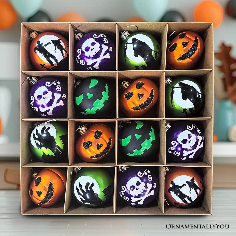 The Face of Spooky Horror 16 Piece Ornament Shatterproof Bundle Set, Halloween Pumpkin, Zombie, and Goblin - 