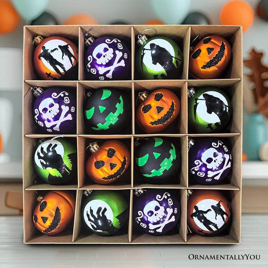 The Face of Spooky Horror 16 Piece Ornament Shatterproof Bundle Set, Halloween Pumpkin, Zombie, and Goblin - 
