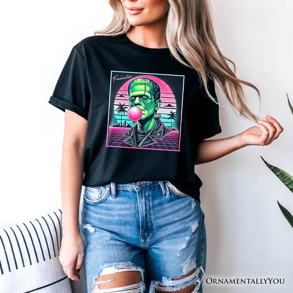 Vaperwave Frankenstein Retro Neon Horror T-Shirt, Synthwave 80's Styled Classic Halloween Tee - Black / XS