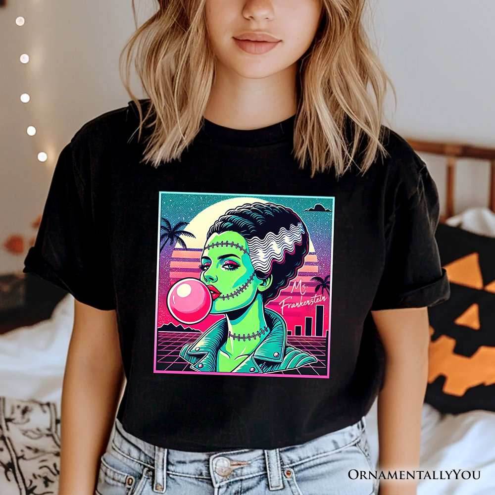 Vaperwave Mrs Frankenstein Retro Neon Horror T-Shirt, Synthwave 80's Styled Classic Halloween Tee - Black / XS