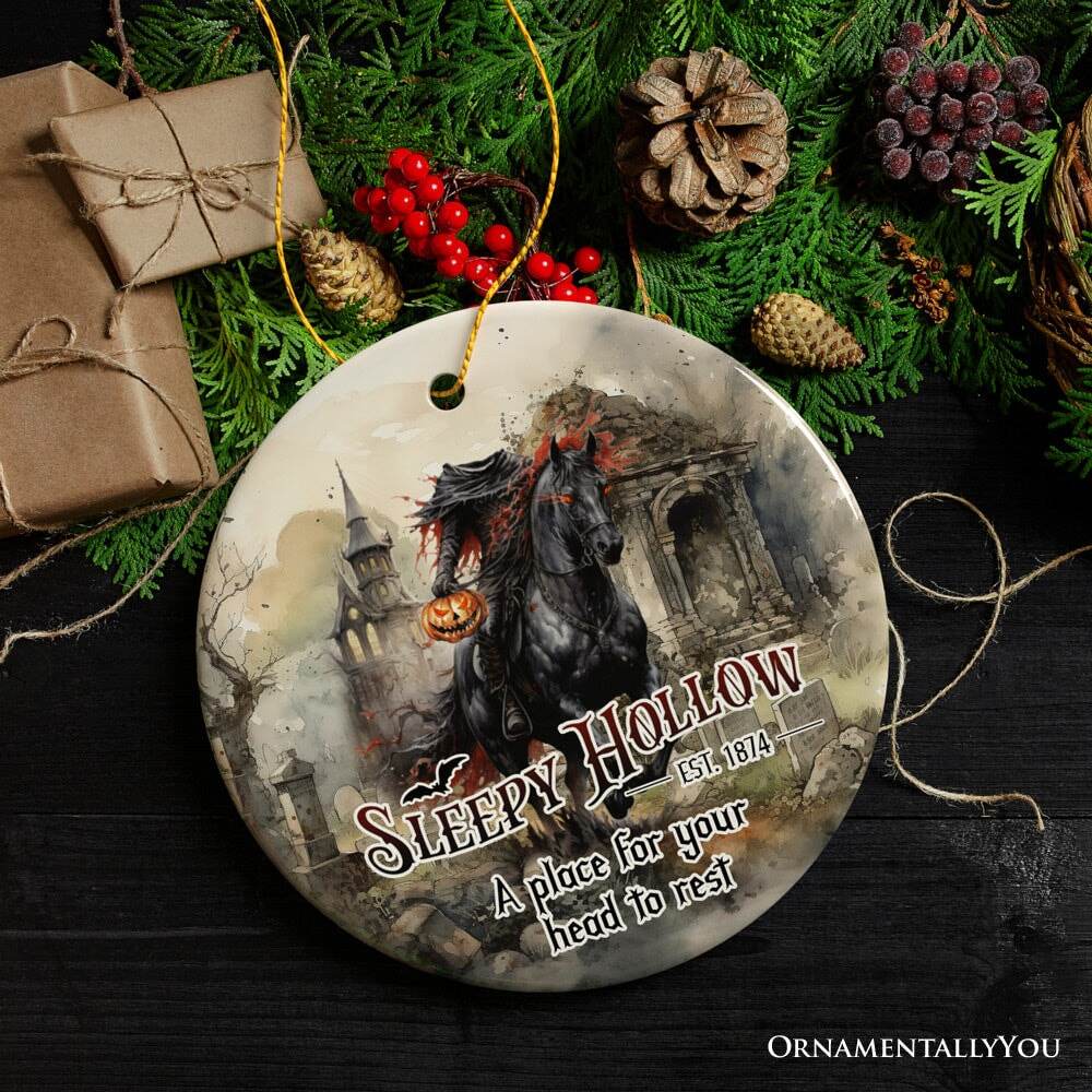 Vintage Sleepy Hollow Dark and Spooky Ornament, Headless Horseman Halloween Souvenir - Circle