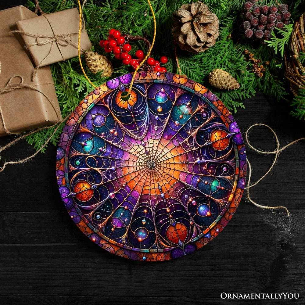 Whispering Shadows Enchanted Cobweb Stained Glass Style Ceramic Ornament, Halloween Themed Christmas Gift and Decor - Circle