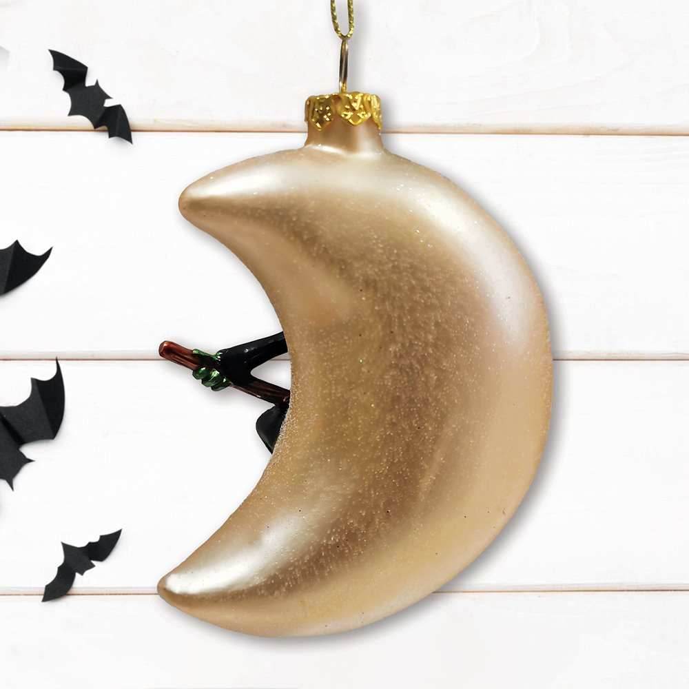 Wicked Witch and Crescent Moon Glass Christmas Ornament, Spooky Halloween Gift - 