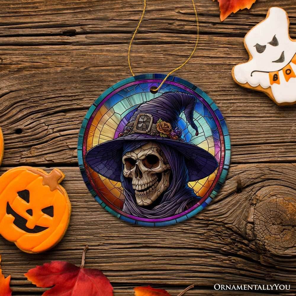 Witchy Grin Skull with Hat and Scarf Stained Glass Style Ceramic Ornament, Halloween Themed Christmas Gift and Decor - Circle