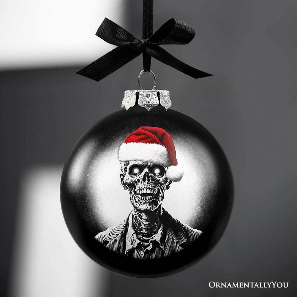 Zombie Christmas Spooky Portrait Glass Ornament, Black Horror Halloween Tree Decoration - 
