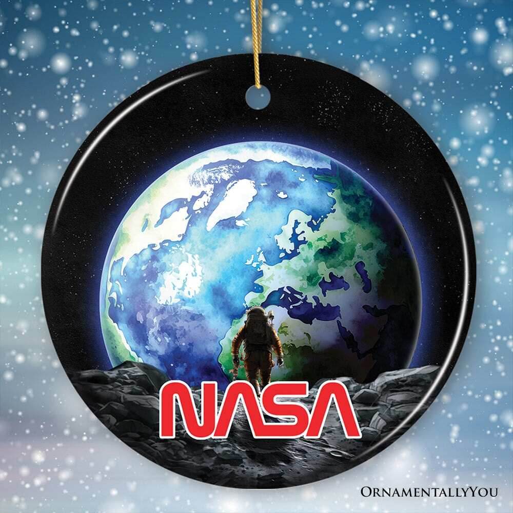 Artistic NASA Handcrafted Christmas Ornament, Astronaut in Outer Space with the Planets - Circle / Version 2