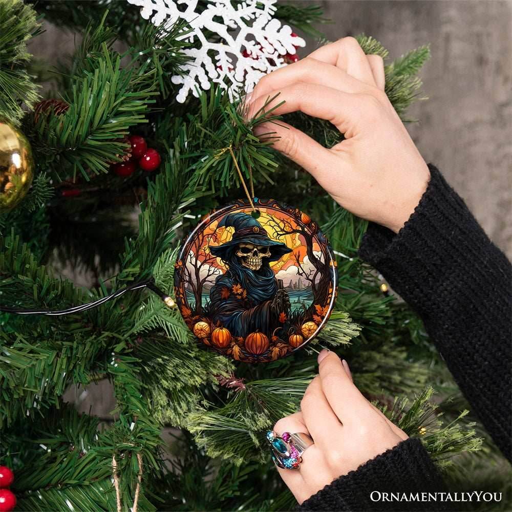 Bewitching Skeletal Sorcery Stained Glass Style Ceramic Ornament, Halloween Themed Christmas Gift and Decor - Circle