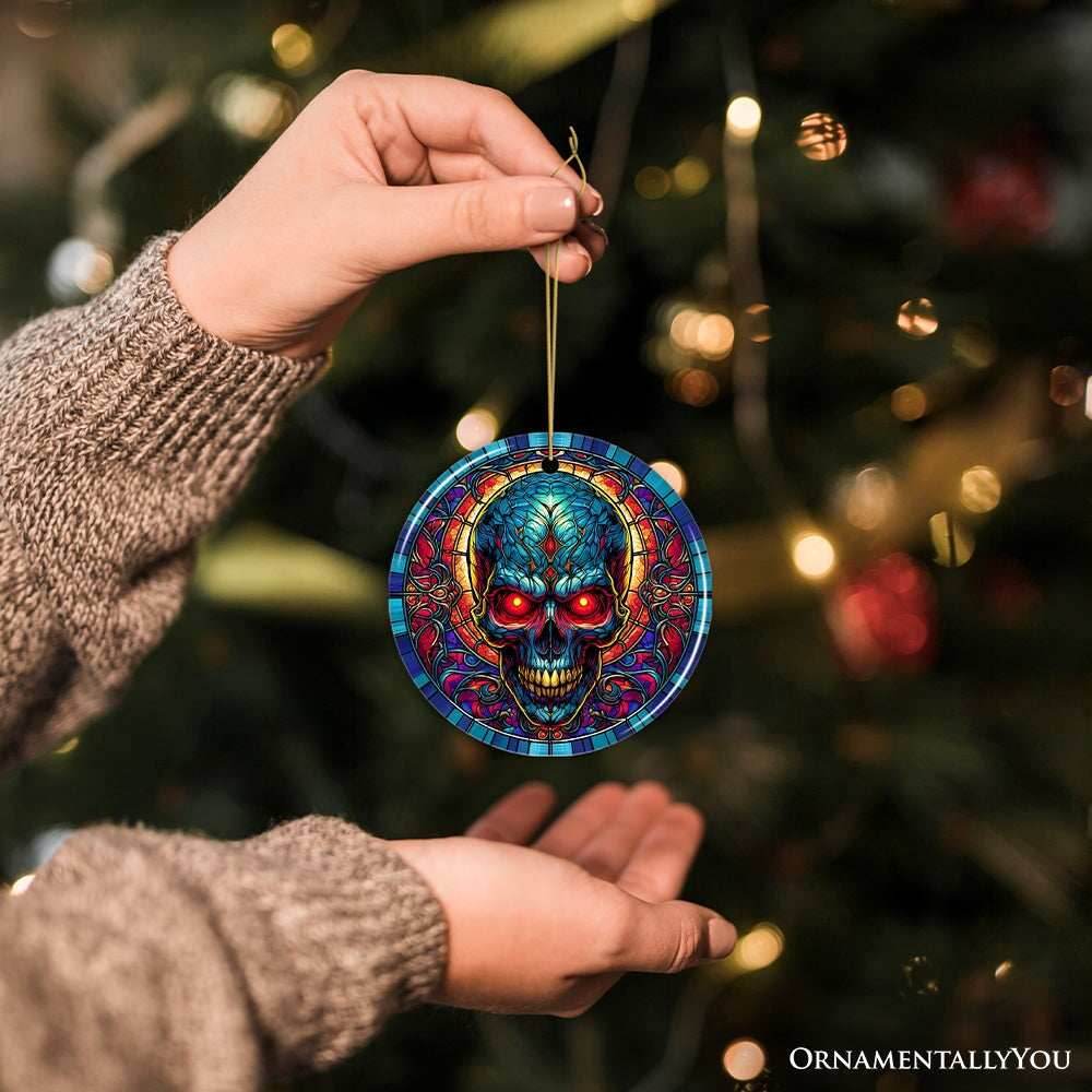 Bone-Chilling Spooky Skull Stained Glass Style Ceramic Ornament, Halloween Themed Christmas Gift and Decor - Circle