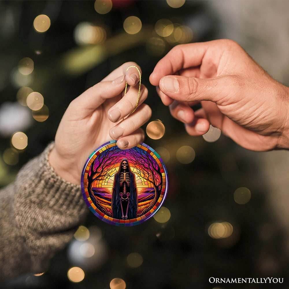 Bony Fright Halloween Skeleton Decor Stained Glass Style Ceramic Ornament, Halloween Themed Christmas Gift and Decor - Circle