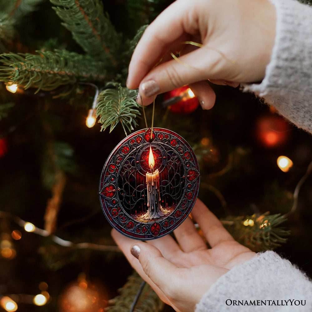 Candlelight for a Spine-Chilling Ambiance Stained Glass Style Ceramic Ornament, Halloween Themed Christmas Gift and Decor - Circle