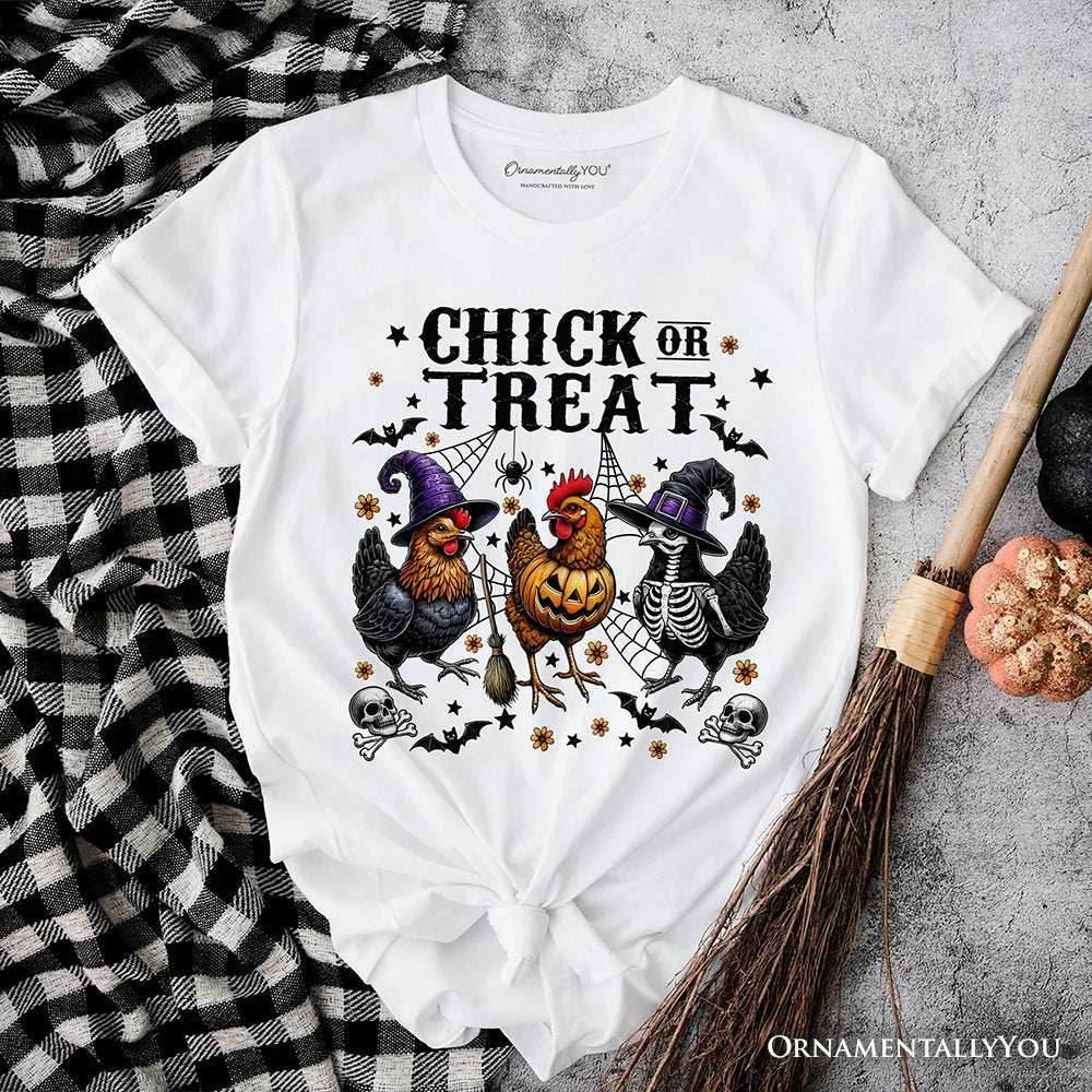 Chick or Treat Chicken T-Shirt, Funny Farmhouse Halloween Tee - White / XS
