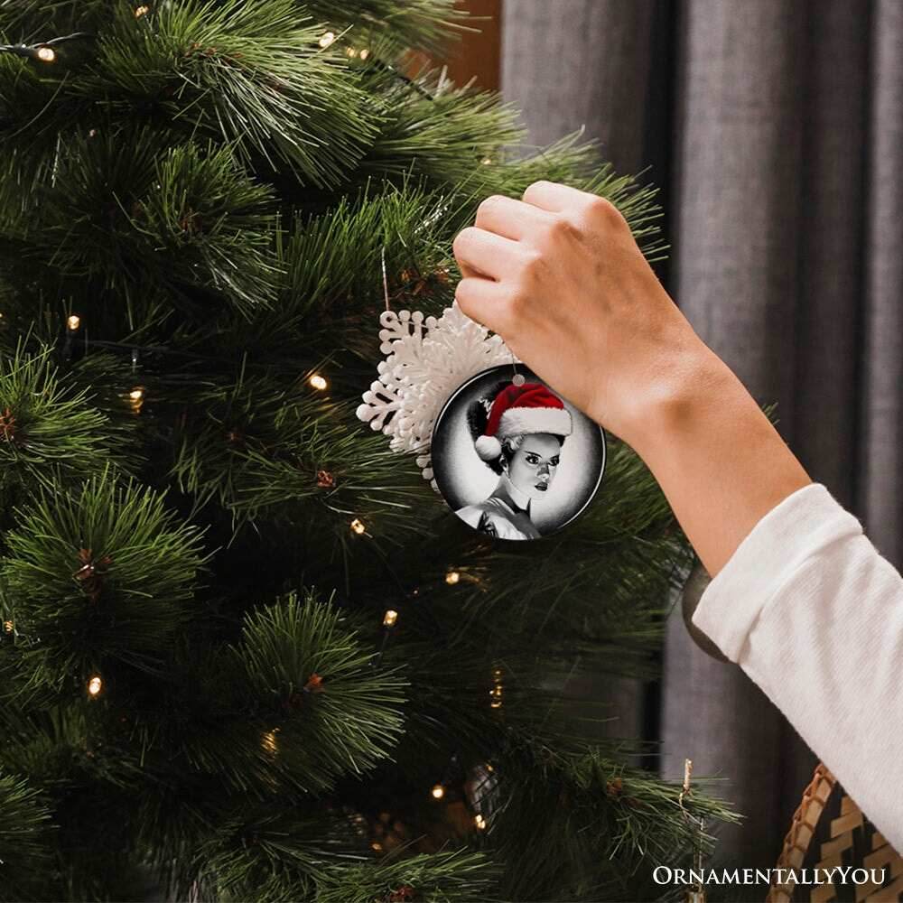 Chilling Bride of Frankenstein Santa Ornament, Gothic Themed Halloween Christmas Gift and Decor - Circle
