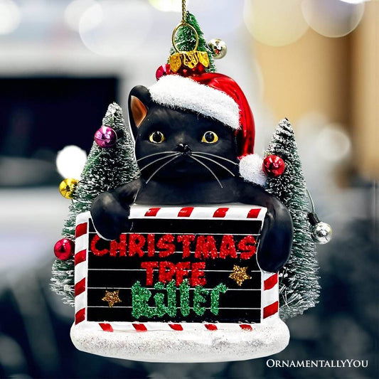 Christmas Tree Killer Funny Black Cat Glass Christmas Ornament, Whimsical Funny Tree Decor - 