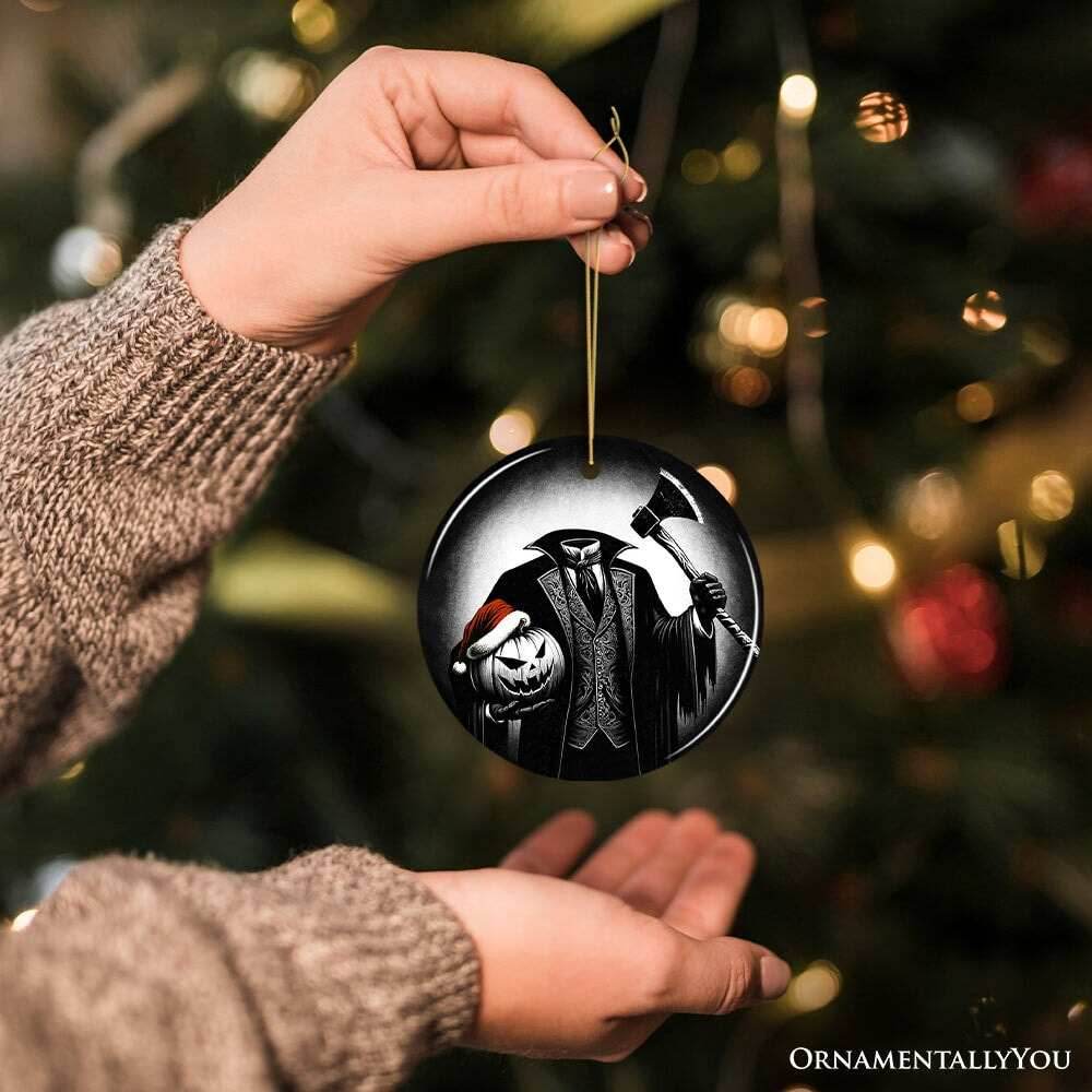 Creepy Headless Horseman And Pumpkin With Santa Hat Ornament, Horror Themed Christmas Decor for Halloween Tree - Circle
