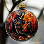 Creepy Stained Glass Skeleton and Raven Haunted Ornament, Halloween Horror and Christmas Tree Decor - 
