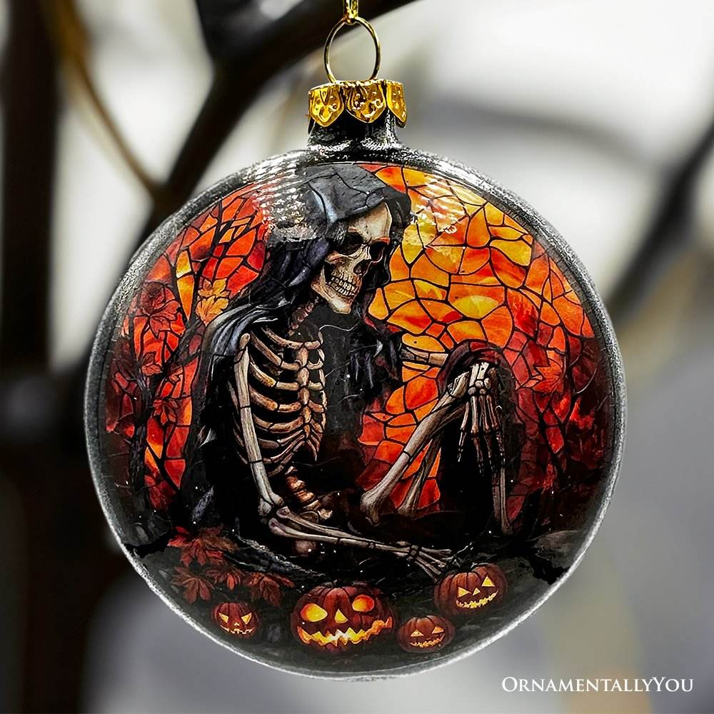 Creepy Stained Glass Skeleton and Raven Haunted Ornament, Halloween Horror and Christmas Tree Decor - 