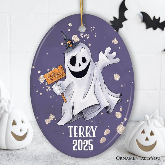 Customized Spooky Ghost Phantom Playful Halloween Ornament - Oval