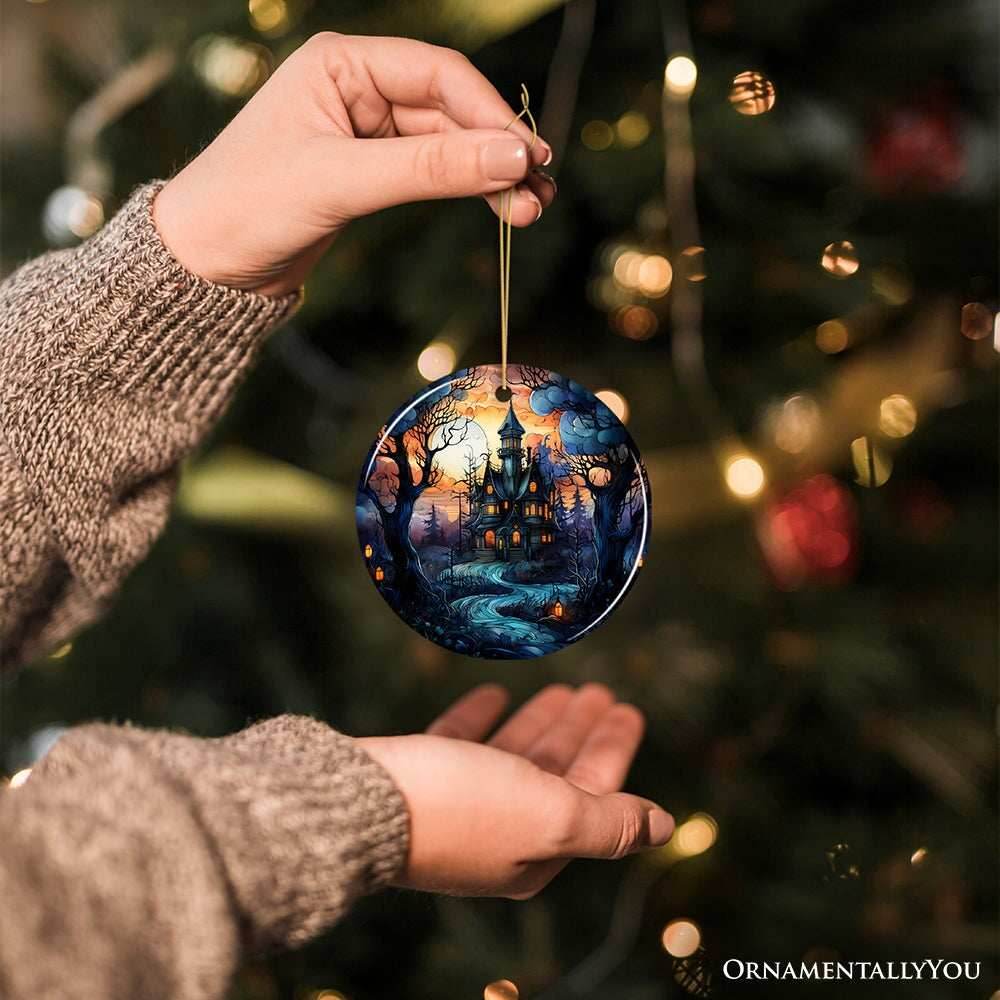 Dark and Gloomy Haunted House Stained Glass Style Ceramic Ornament, Halloween Themed Christmas Gift and Decor - Circle