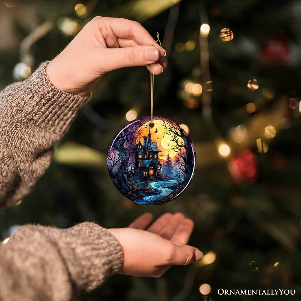 Eerie Abode Amidst Spooky Trees Stained Glass Style Ceramic Ornament, Halloween Themed Christmas Gift and Decor - Circle