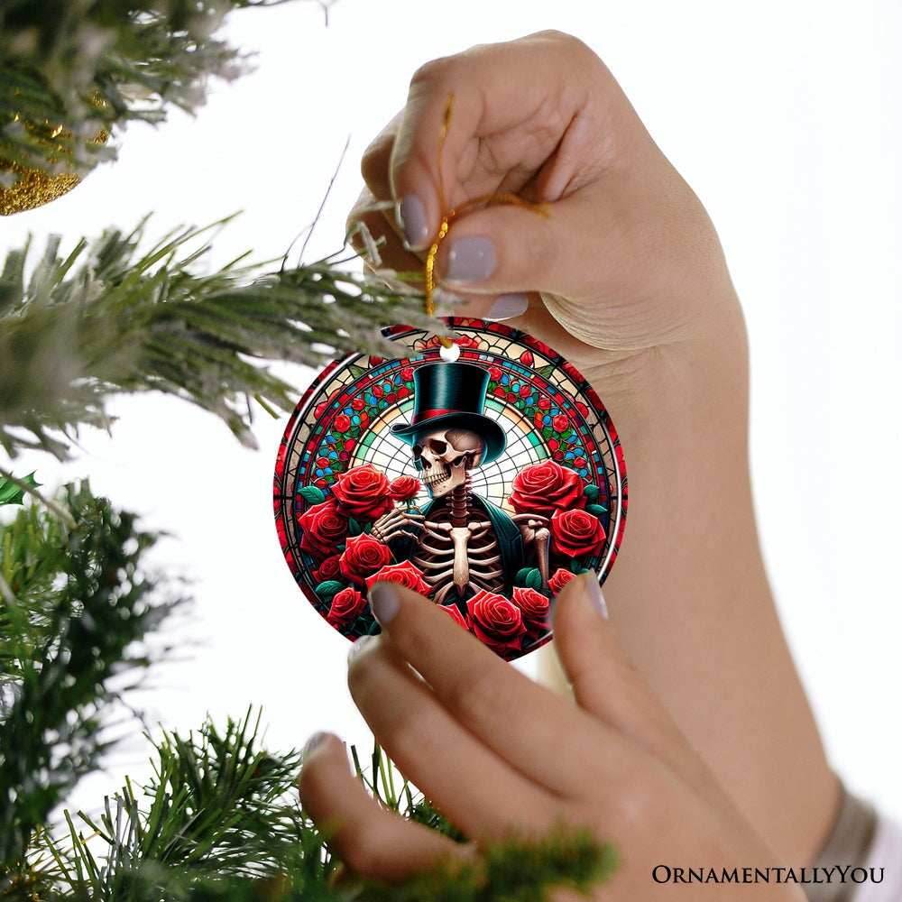 Elegant Bones Top-Hat Skeleton with Roses Stained Glass Style Ceramic Ornament, Halloween Themed Christmas Gift and Decor - Circle