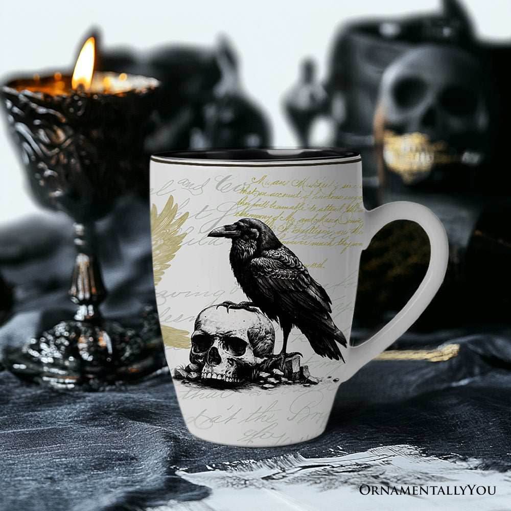 Elegant Goth Set of 4 Ceramic Mugs with Real Gold Trim, Black and White Spooky Halloween Coffee Cup Kitchen Gift - 