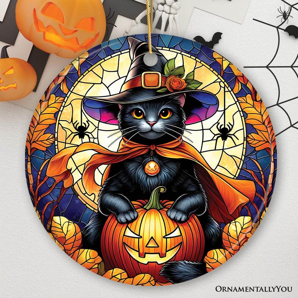 Enchanted Cat Witch Stained Glass Style Ceramic Ornament, Halloween Themed Christmas Gift and Decor - Circle / White Cat Version