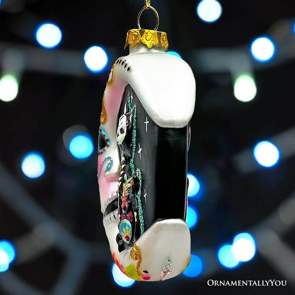 Folkloric Siamese Cat Sugar Skull Glass Ornament, Celestial Crescent Moon Halloween Decor - 