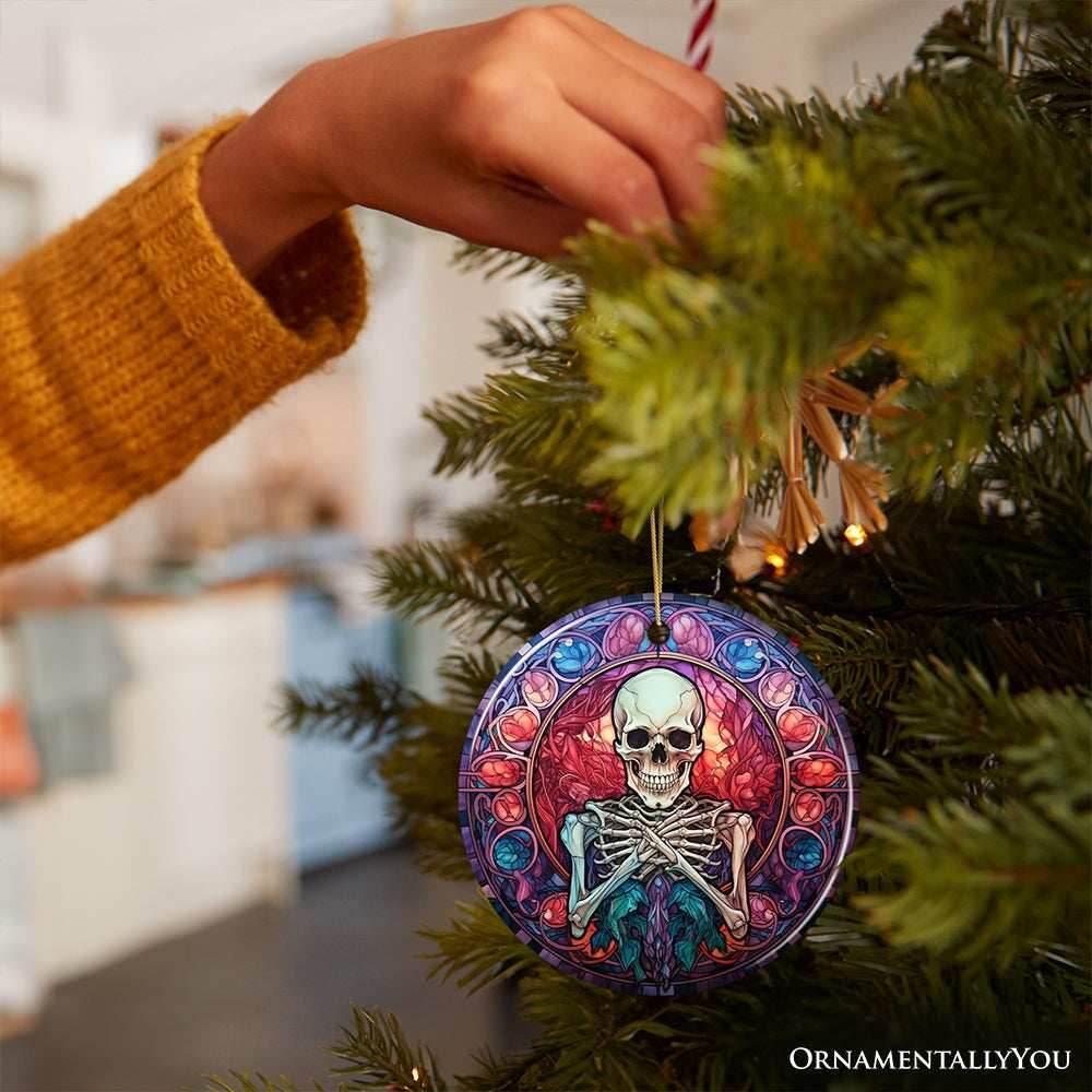 Ghastly Grins Haunted Halloween Skeleton Stained Glass Style Ceramic Ornament, Halloween Themed Christmas Gift - Circle