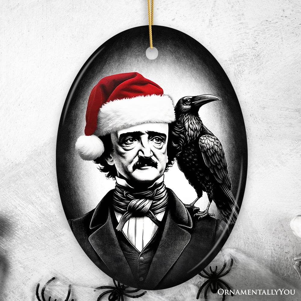 Gothic Edgar Allan Poe with Santa Hat And Raven Ornament, Spooky Halloween Tree Christmas Decor - Oval