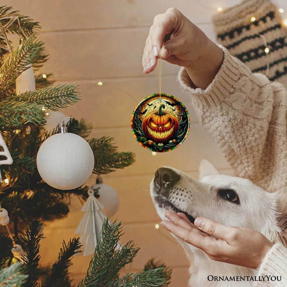 Grim Grinning Gourd Pumpkin Decor Stained Glass Style Ceramic Ornament, Halloween Themed Christmas Gift - Circle