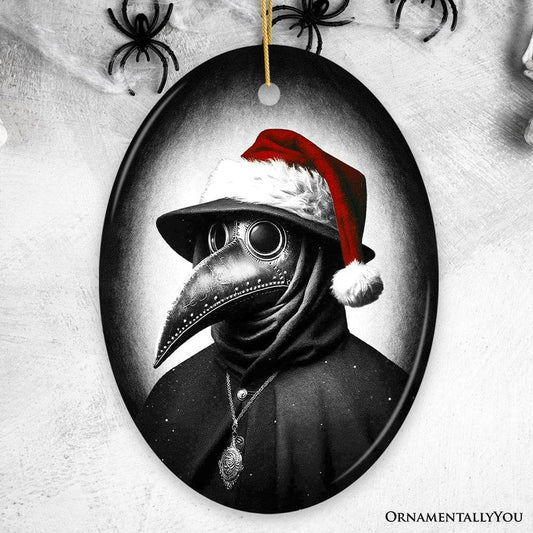 Grim Plague Doctor With Santa Hat Ceramic Ornament, Dark Christmas Keepsake for Halloween Tree - Oval