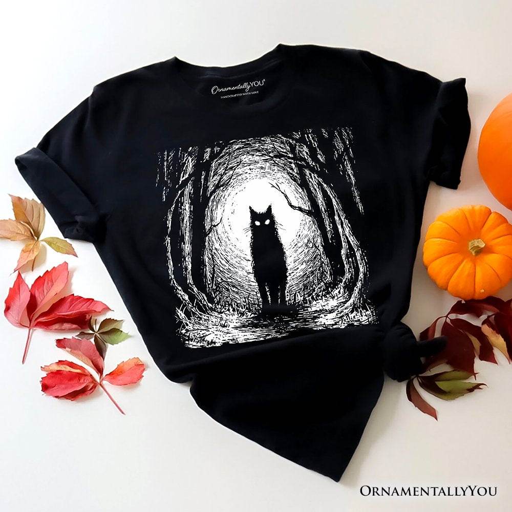 Haunted Forest Black Cat T-Shirt, Spooky Halloween Night Tee - Black / XS
