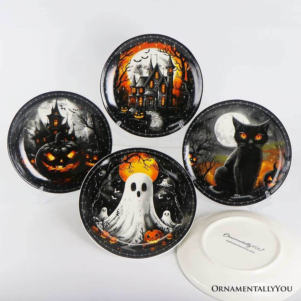 Haunted Night Set of 4 Plates, Black Halloween Tableware Collection for Salad, Dessert, Appetizer, and Side Plates - 
