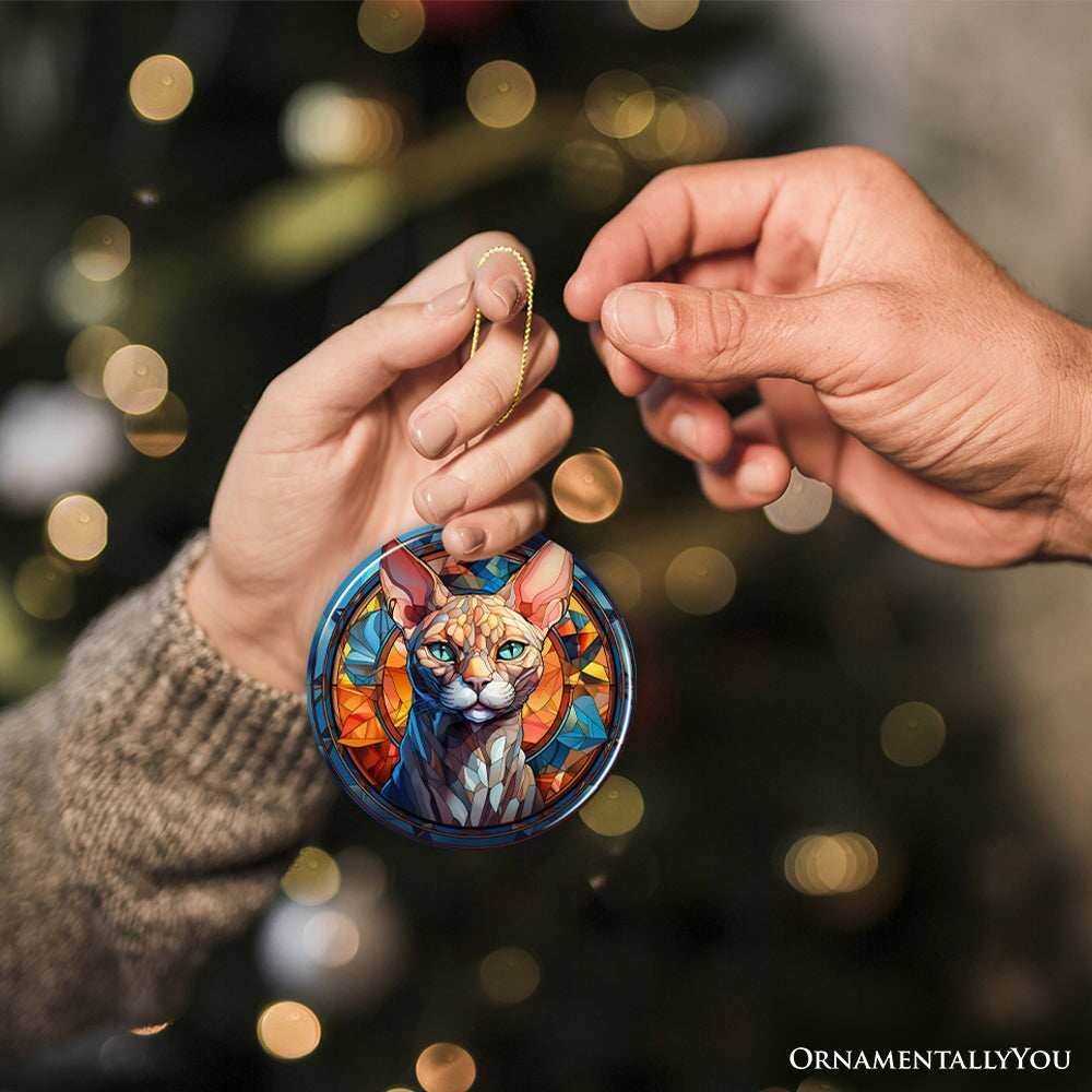 Mystical Feline Bewitching Cat Stained Glass Style Ceramic Ornament, Halloween Themed Christmas Gift and Decor - Circle