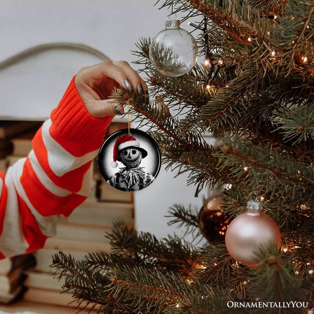 Nightmarish Scarecrow with Santa Hat Ornament, Gift For Unique Halloween Tree Christmas Decor - Circle
